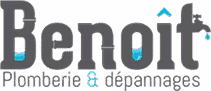 Logo Benoît Plomberie & Dépannages sur fond violet. Le nom Benoît intègre des symboles d'eau bleus et un robinet stylisé.