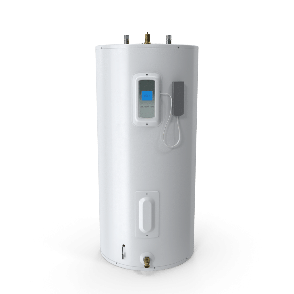 Chauffe-eau électrique : Mode OFF sur thermostat numérique intelligent. Ballon d'eau chaude électrique blanc, vertical, avec thermostat numérique central affichant l'état "#OFF".